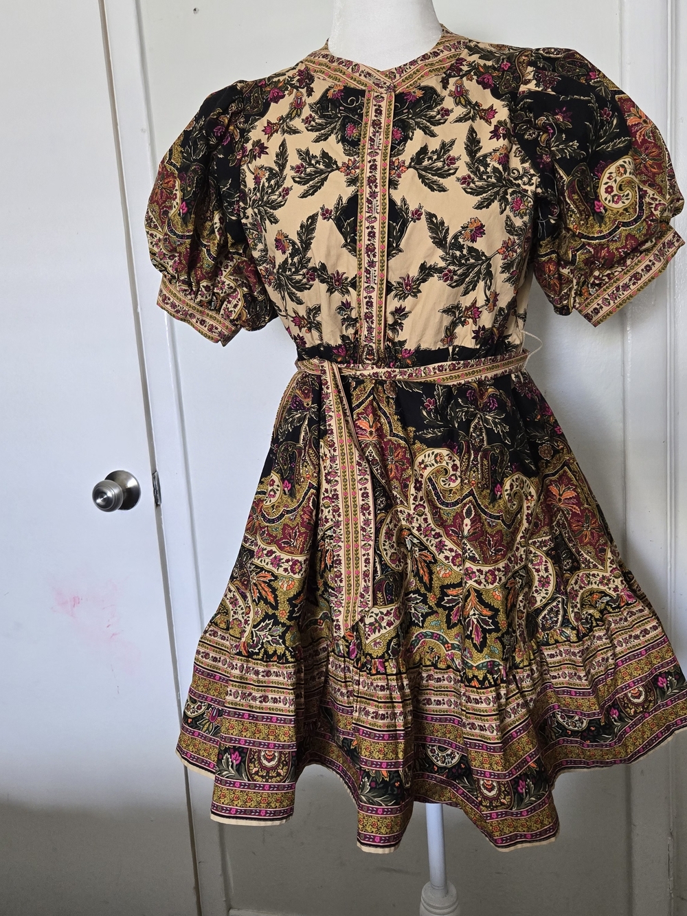 Paisley Panel Girl  Puff-Sleeve Mini Dress in Cream and Black